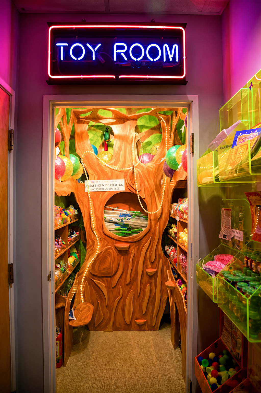 Toy Room with glowing neon sign and a tree carved doorway full of prizes and toys