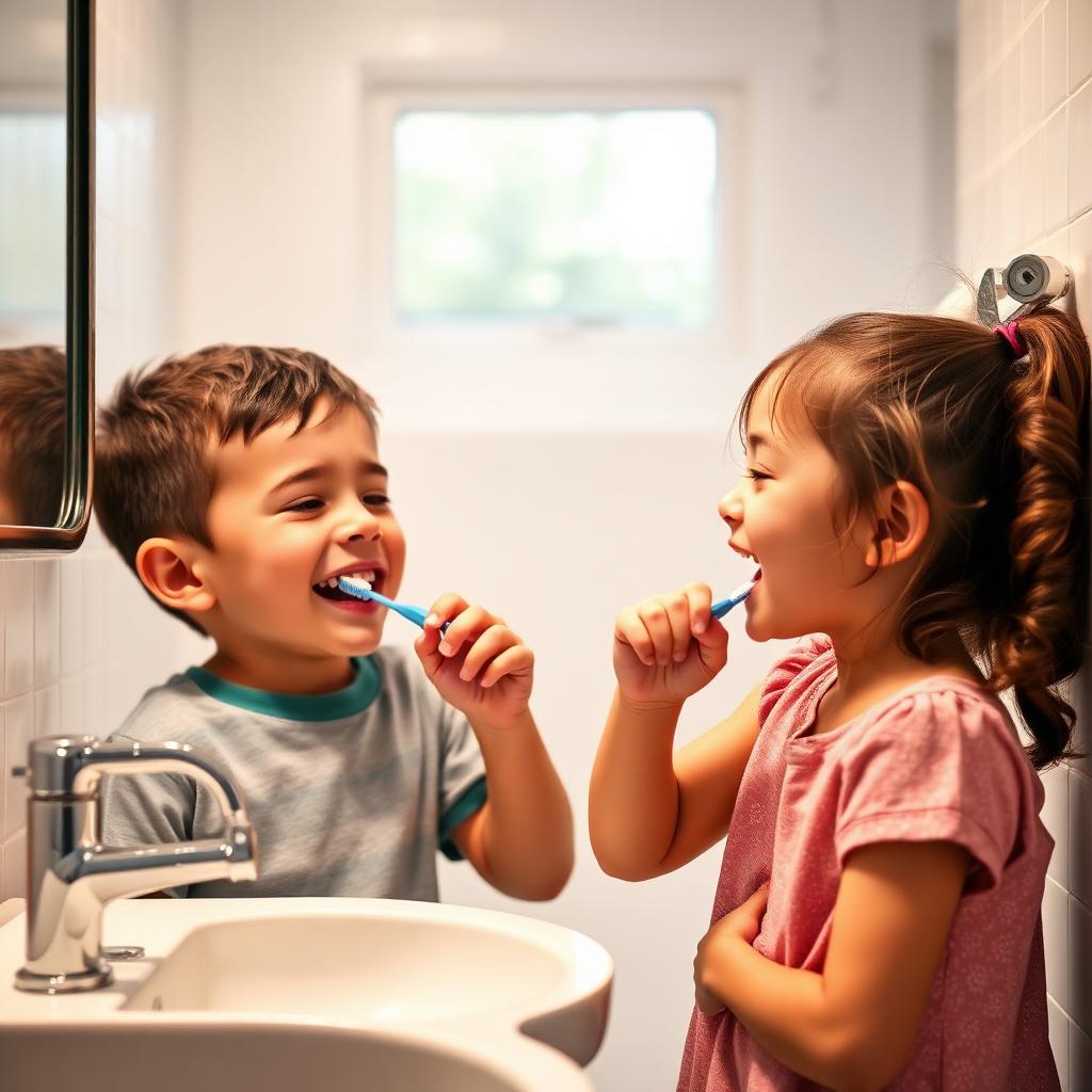 Group of happy kids laughing together holding toothbrushes